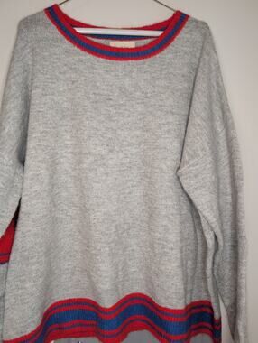 Fantastic Fawn Heather Gray Varsity Stripe Crewneck Sweater Large
